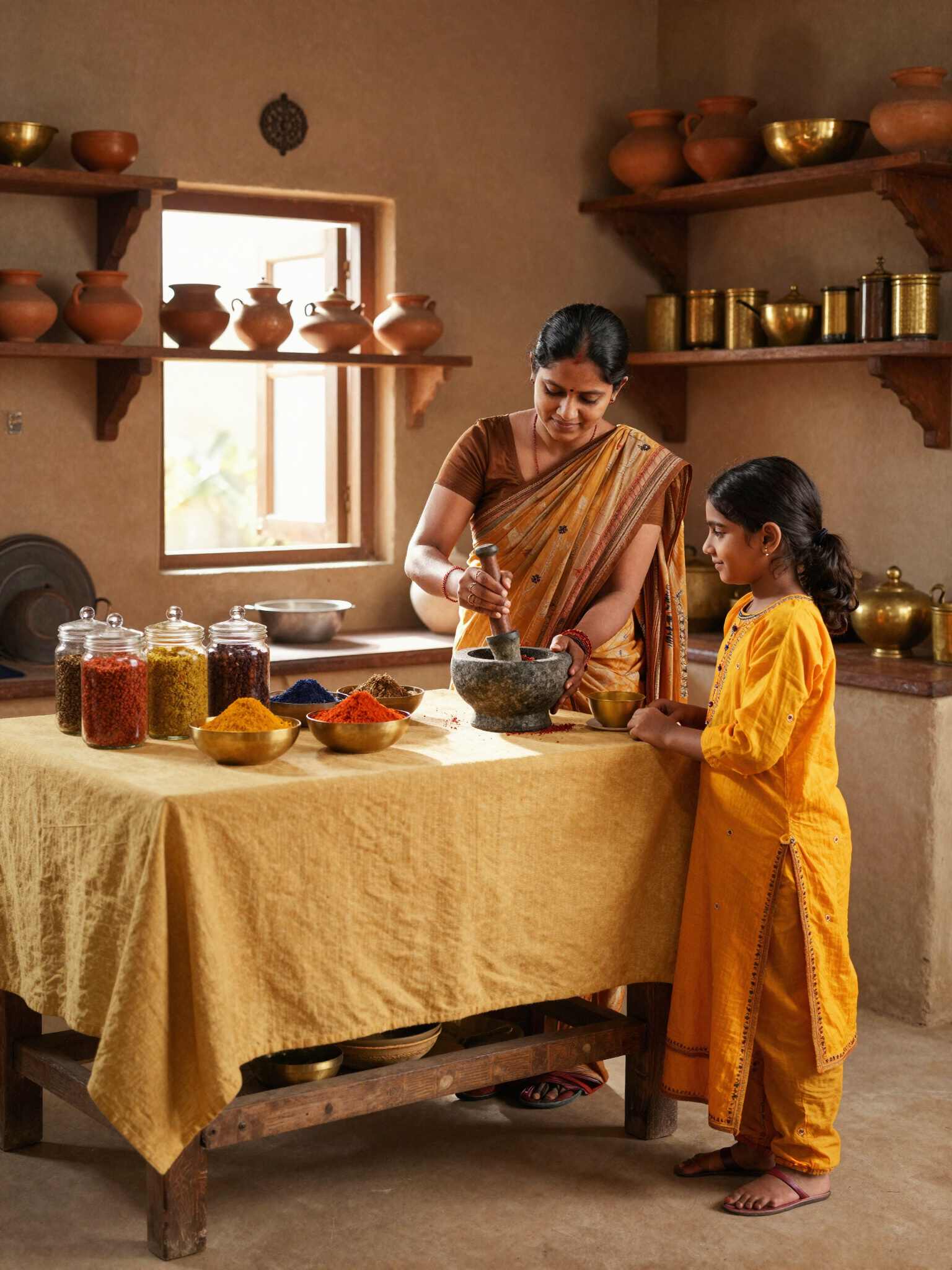 A mother teaching her daughter to grind spices in a traditional kitchen