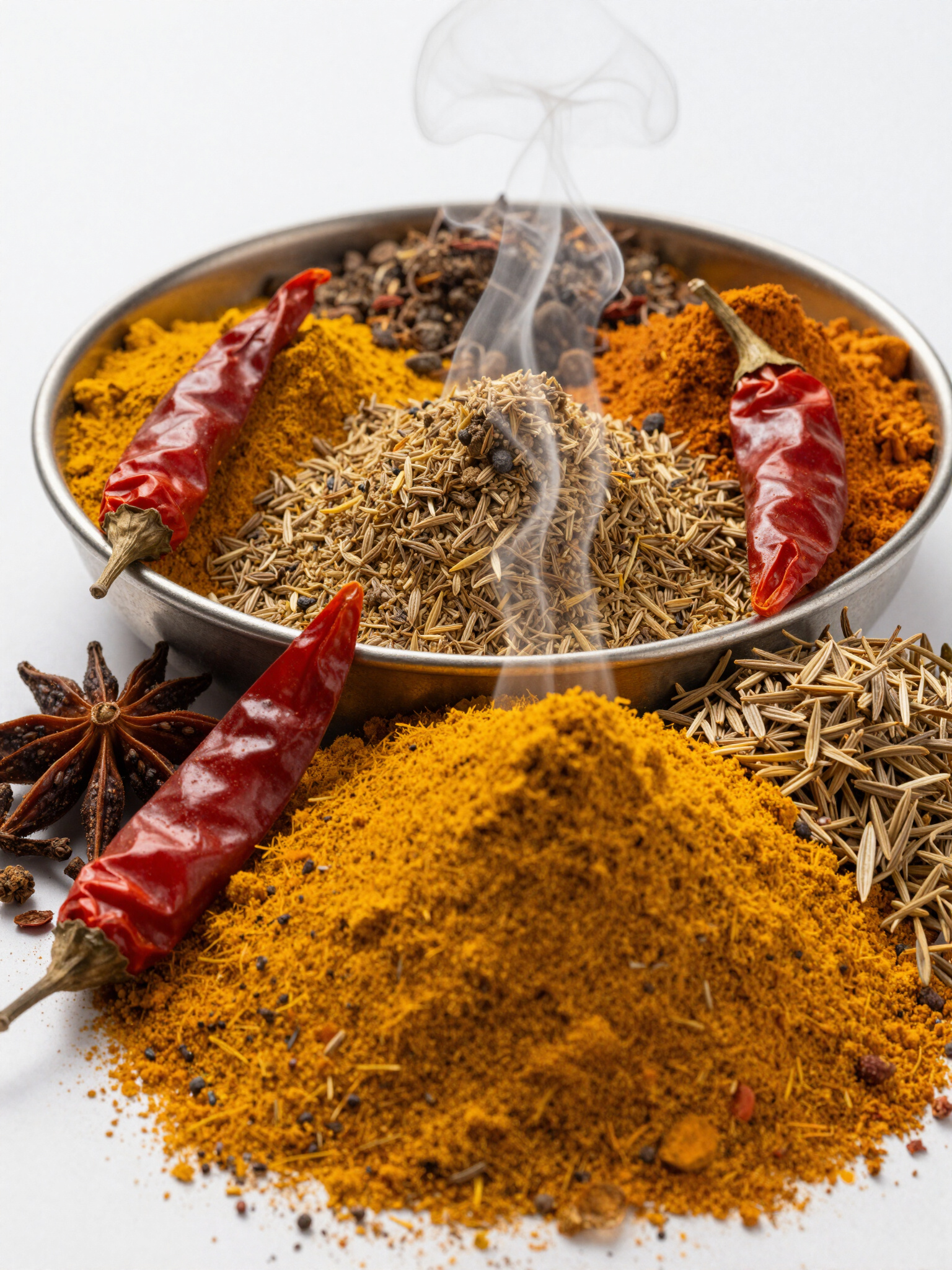 A bowl of freshly ground aromatic spices with red chilies