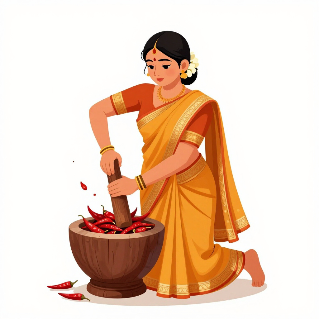 Illustration of a woman grinding spices with a mortar and pestle