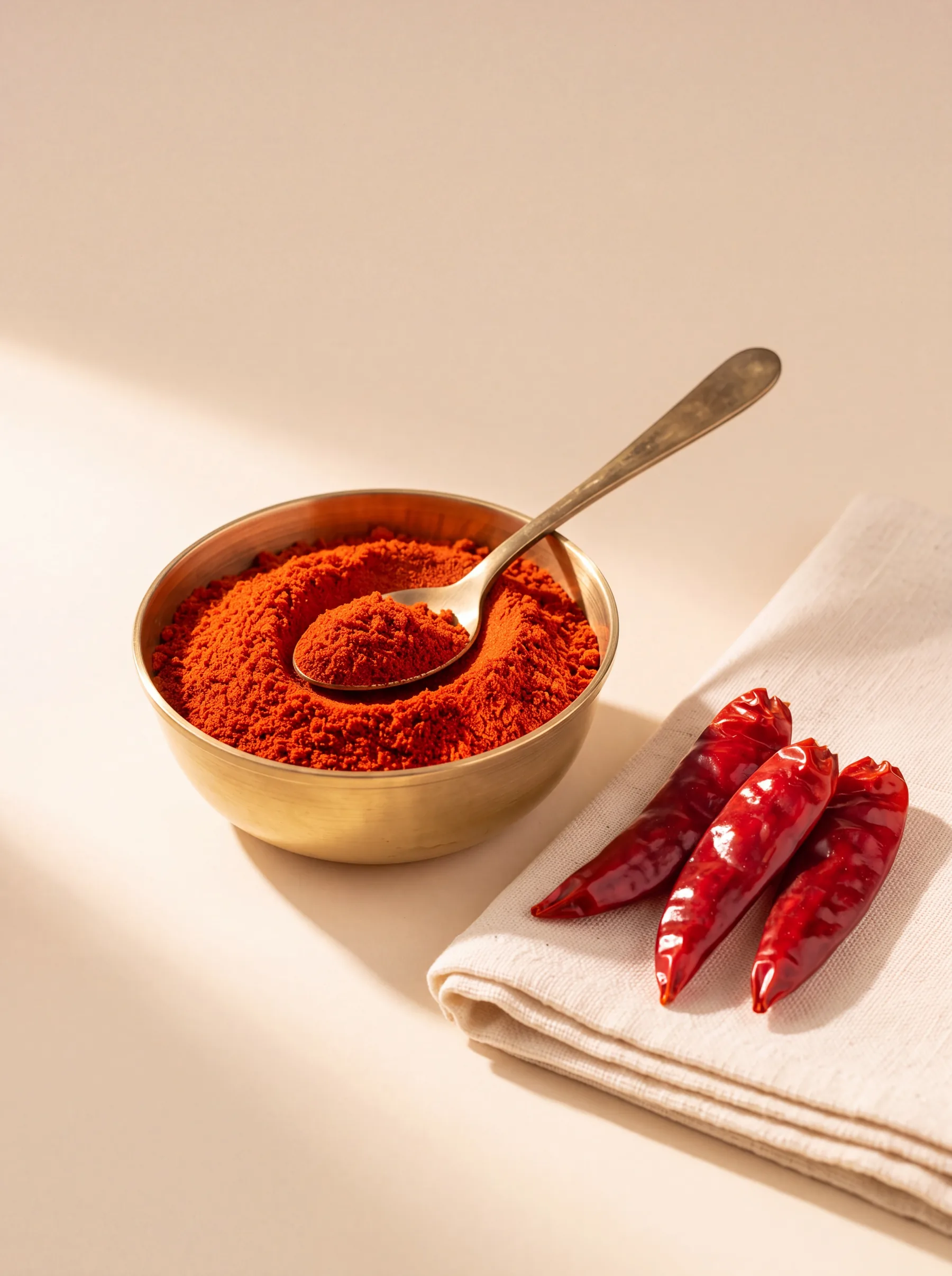 A brass katori of freshly ground red chilli powder with whole sun-dried Guntur chillies
